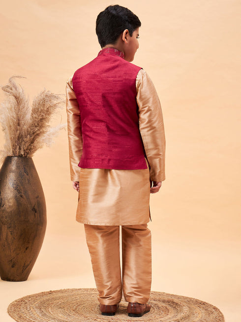 Boy's Maroon Woven Jacket With Rose Gold Kurta And Pyjama Set